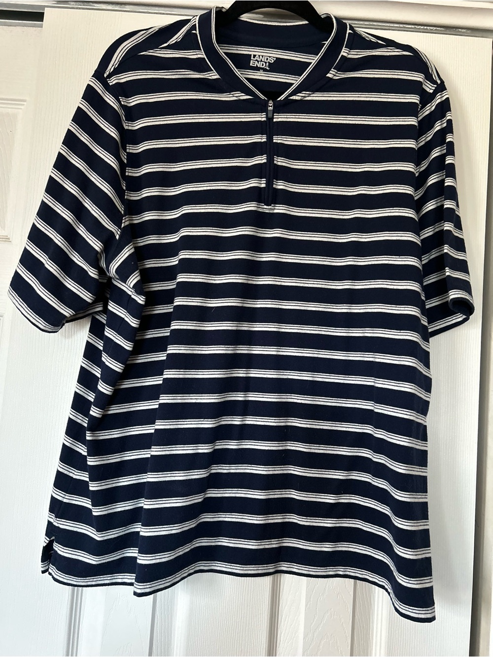 Lands' End Navy and White Striped Short Sleeve Polo